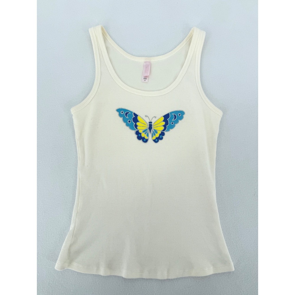 Victoria's Secret Tank Top Small Cream Ribbed Butterfly Graphic Y2K Vintage